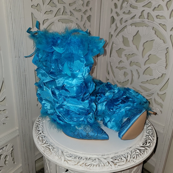 "GAIA" Turquoise Rosette Feather Crystal Ankle Boots - Picture 8 of 8